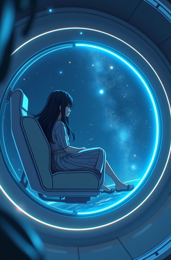  creates a futuristic event of a girl's journey in a glass tube sitting in a traveling seat between two planets observing the stars., anime concept art by hayao miyazaki, featured on pixiv, fantasy art, concept art, official art, high detailed hyperrealistic, full body, detailed clothing, highly detailed, cinematic lighting, stunningly beautiful, intricate, sharp focus, f/1. 8, 85mm, (centered image composition), (professionally color graded), ((bright soft diffused light)), volumetric fog, trending on instagram, trending on tumblr, HDR 4K, 8K