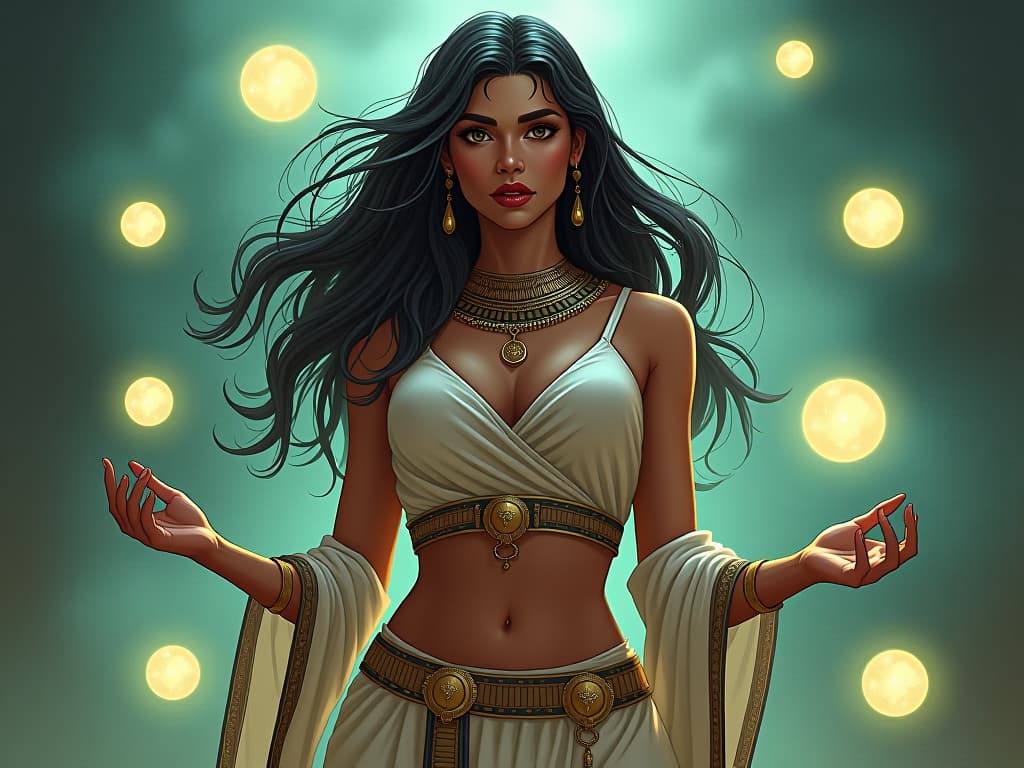  a young woman, large busted, in form fitting linen, surrounded by floating orbs of light, each orb radiating different emotions, her expression intense, feeling the nuances. the style is digital art illustration / modern comic book / mysterious occult, symbolic, esoteric vibe,high detail on character design, incorporating ancient egyptian symbology and attire.