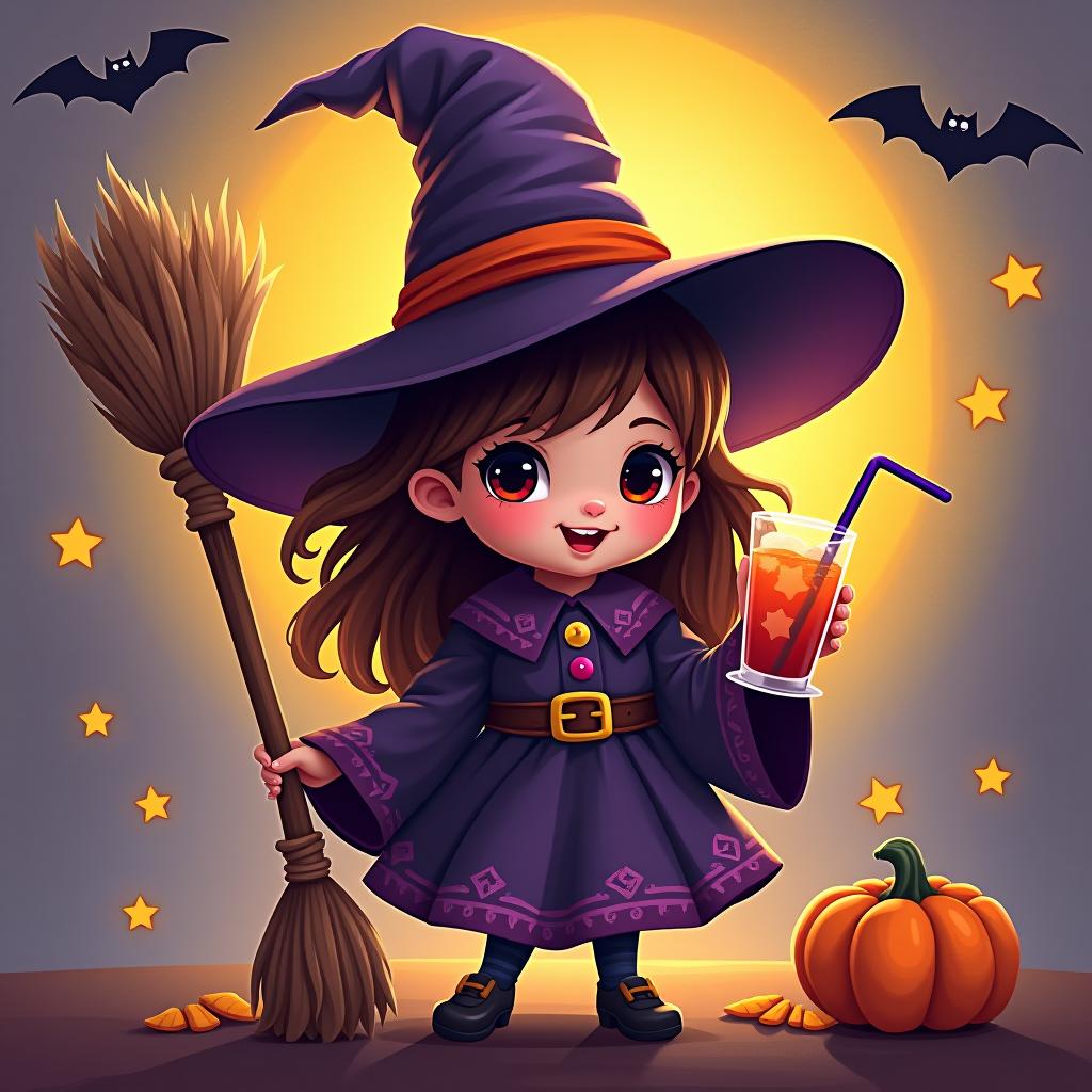  create a digital painting featuring a cute witch character. the witch should be wearing a hat. in one hand, the witch should hold a broomstick, and in the other hand, a halloween themed drink. the background should be colorful and include small black bats, pumpkins and stars to add a playful halloween touch. the overall style should be cute, whimsical, and colorful hyperrealistic, full body, detailed clothing, highly detailed, cinematic lighting, stunningly beautiful, intricate, sharp focus, f/1. 8, 85mm, (centered image composition), (professionally color graded), ((bright soft diffused light)), volumetric fog, trending on instagram, trending on tumblr, HDR 4K, 8K