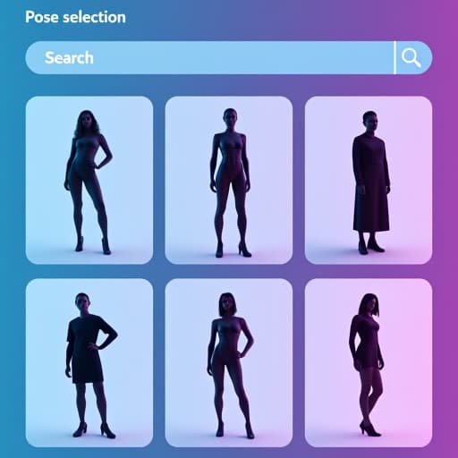  design a modern, ai themed user interface for a pose selection tool with the following elements: overall theme: sleek, futuristic, and minimalist design with a focus on smooth lines, gradients, and subtle animations. search bar: style: use a sleek, rounded search bar at the top with a soft gradient background (e.g., light blue to purple). icons: include a magnifying glass icon for the search function and an 'import' icon, both in a clean, minimalist style with a slight glow effect to emphasize ai functionality. search results section: background: display search result boxes with a glassmorphism effect (frosted glass look) and soft shadows. use rounded corners for a modern feel. selected pose highlight: the selected pose should be highli hyperrealistic, full body, detailed clothing, highly detailed, cinematic lighting, stunningly beautiful, intricate, sharp focus, f/1. 8, 85mm, (centered image composition), (professionally color graded), ((bright soft diffused light)), volumetric fog, trending on instagram, trending on tumblr, HDR 4K, 8K