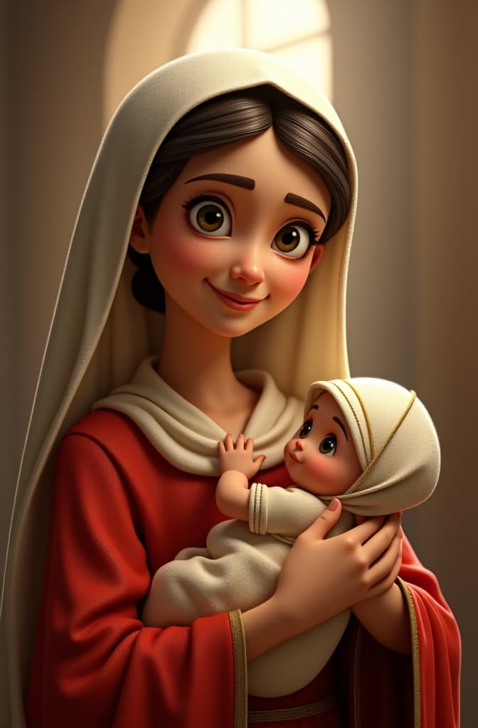  mujer católica santa, como una virgen con mantos marrón y vainilla, y un bebé en sus brazos, disney pixar poster, pixar movie style, animated disney cartoon face, disney face, portrait, cute face, round face, cartoon character, disney character, disney animated movies, disney pixar hyperrealistic, full body, detailed clothing, highly detailed, cinematic lighting, stunningly beautiful, intricate, sharp focus, f/1. 8, 85mm, (centered image composition), (professionally color graded), ((bright soft diffused light)), volumetric fog, trending on instagram, trending on tumblr, HDR 4K, 8K