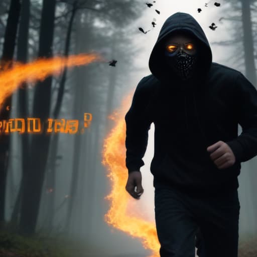 Lonely athletic man wearing a black hoodie and black pants. He is running in the dark but is super fast. He is being chased and is wearing a purge mask with “X” drawn glowing over his eyes on the mask. Flames come from his shoes from the speed and friction which leaves a path of smoke. The bottom right corner of the picture has a rap album warning which notifies the listener of the album that there is explicit language. He seeks loneliness. in Cinematic style with Forests background