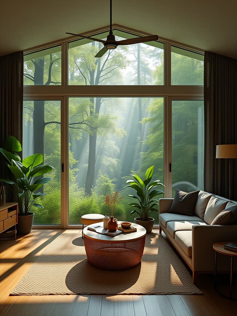  high quality portrait photo of a serene living room with large windows framing a lush forest view, featuring potted plants, natural wood furniture, and earthy tones, captured in soft natural light hyperrealistic, full body, detailed clothing, highly detailed, cinematic lighting, stunningly beautiful, intricate, sharp focus, f/1. 8, 85mm, (centered image composition), (professionally color graded), ((bright soft diffused light)), volumetric fog, trending on instagram, trending on tumblr, HDR 4K, 8K