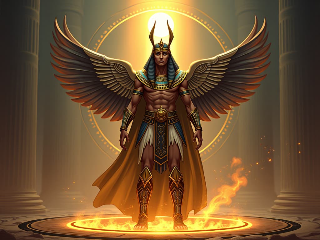  egyptian warrior, adorned in ornate armor, standing in a sacred circle, emerging from a ritual with renewed strength, clarity in eyes. the style is digital art illustration / modern comic book / mysterious occult, symbolic, esoteric vibe,high detail on character design, incorporating ancient egyptian symbology and attire.