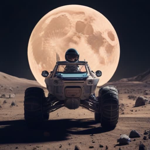 An astronaut driving a futuristic car on the surface of the moon, Photography, Glass, Pixar, Colorful, Sharp