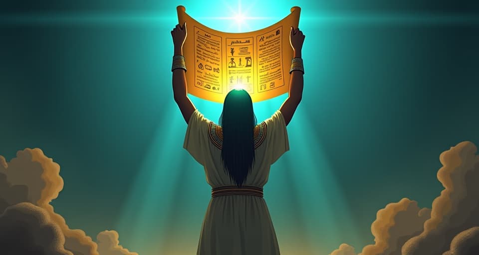  figure holding a scroll high in the air, hieroglyphs glowing, bright light symbolizing truth dispersing the fog, sense of revelation.. the style is digital art illustration / modern comic book / mysterious occult, symbolic, esoteric vibe,high detail on character design, incorporating ancient egyptian symbology and attire.