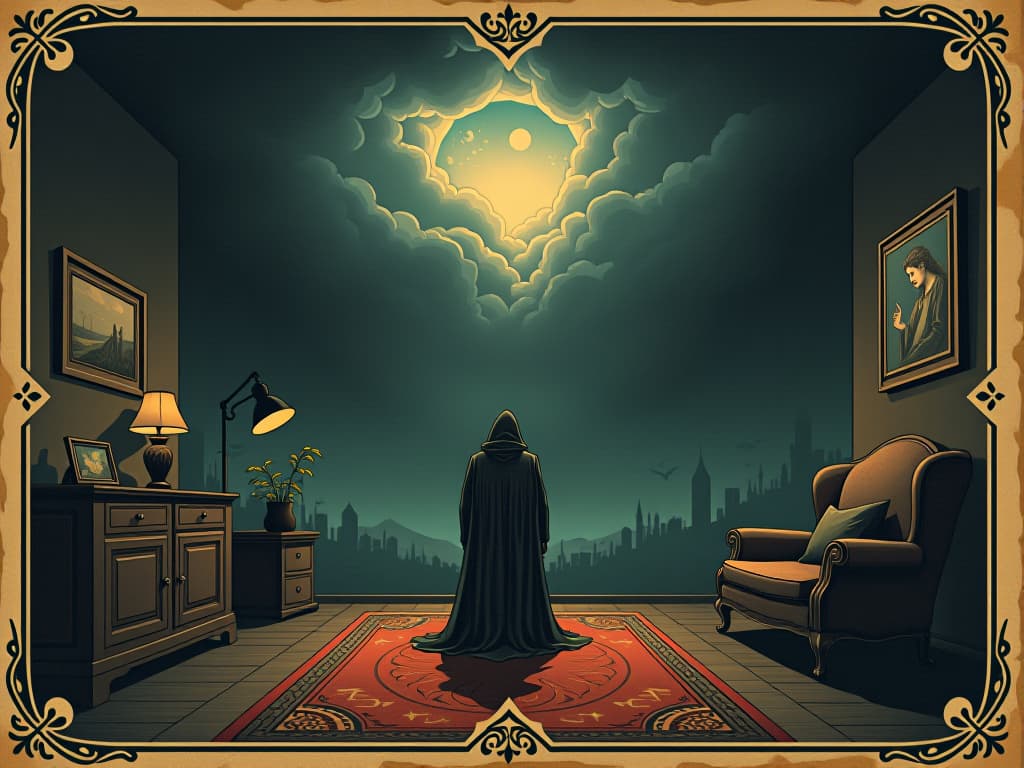  tension in room like gathering storm, dark foreboding clouds, oppressive air, brewing conflict. an illustration in the style of a worn, mystical old tarot trump card, mysterious and elements of surrealism. the colors are muted, somber and eerie, but with contrast bring out an occult and esoteric vibe.