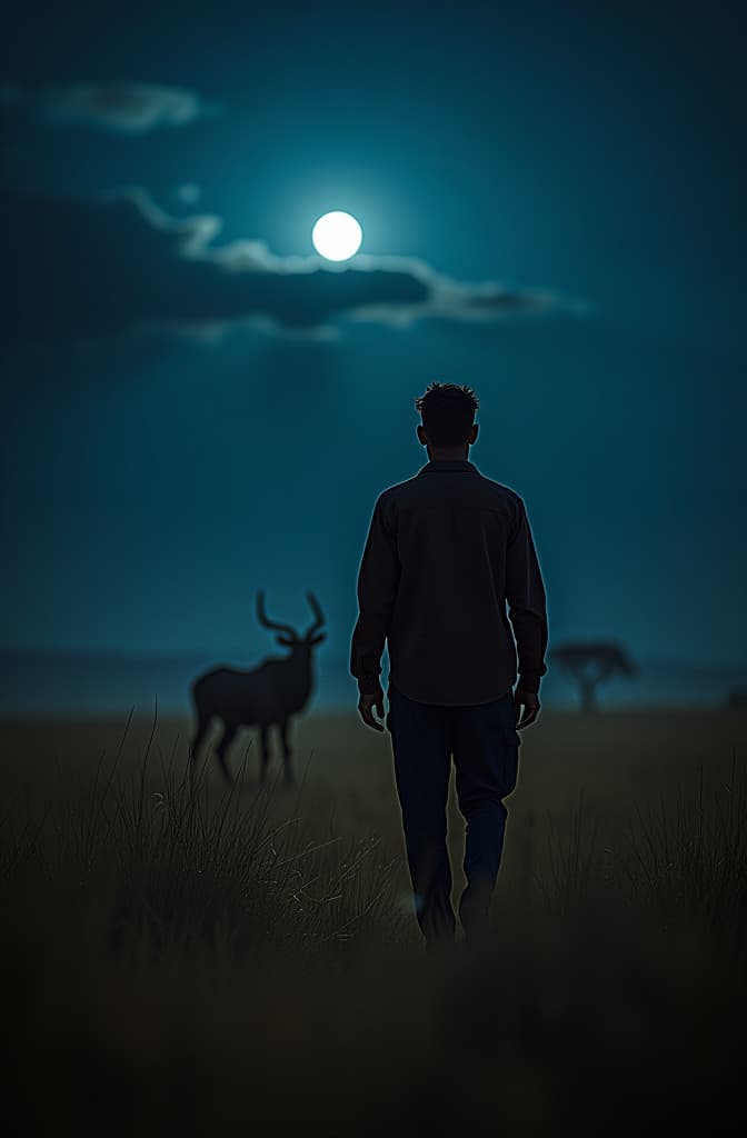  generate an image of a night in the african savannah hyperrealistic, full body, detailed clothing, highly detailed, cinematic lighting, stunningly beautiful, intricate, sharp focus, f/1. 8, 85mm, (centered image composition), (professionally color graded), ((bright soft diffused light)), volumetric fog, trending on instagram, trending on tumblr, HDR 4K, 8K