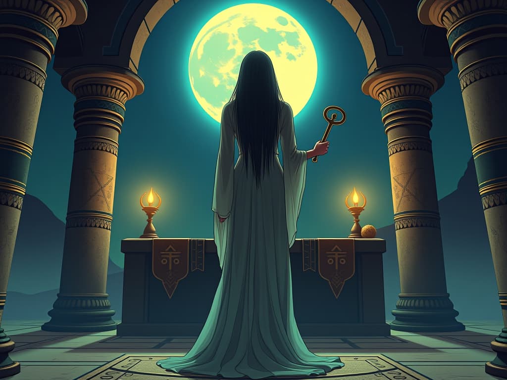  priestess in sheer, form fitting robes, standing before a sacred altar under the full moon, holding an ankh, mystical symbols glowing, solemn atmosphere. the style is digital art illustration / modern comic book / mysterious occult, symbolic, esoteric vibe,high detail on character design, incorporating ancient egyptian symbology and attire.