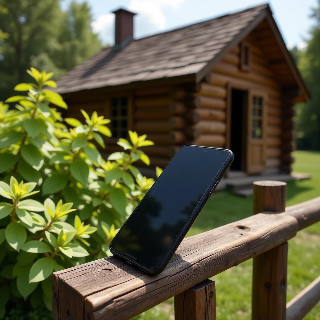  a smartphone resting on a wooden trellis, with a rustic log cabin in the background. the scene captures a side view of the smartphone, showcasing its sleek design, with natural sunlight filtering through the trellis slats, casting interesting shadows. the log cabin features textured wood and a chimney, with green foliage surrounding the area, creating a harmonious blend of technology and nature.