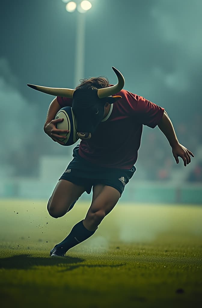  bull playing rugby hyperrealistic, full body, detailed clothing, highly detailed, cinematic lighting, stunningly beautiful, intricate, sharp focus, f/1. 8, 85mm, (centered image composition), (professionally color graded), ((bright soft diffused light)), volumetric fog, trending on instagram, trending on tumblr, HDR 4K, 8K