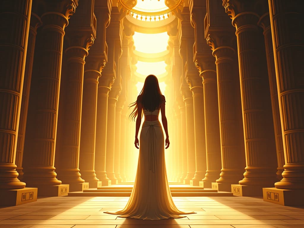  majestic temple chamber, ornate columns, golden beams of sunlight filtering in, a large busted priestess in tight, flowing garments, peaceful and graceful atmosphere. the style is digital art illustration / modern comic book / mysterious occult, symbolic, esoteric vibe,high detail on character design, incorporating ancient egyptian symbology and attire.