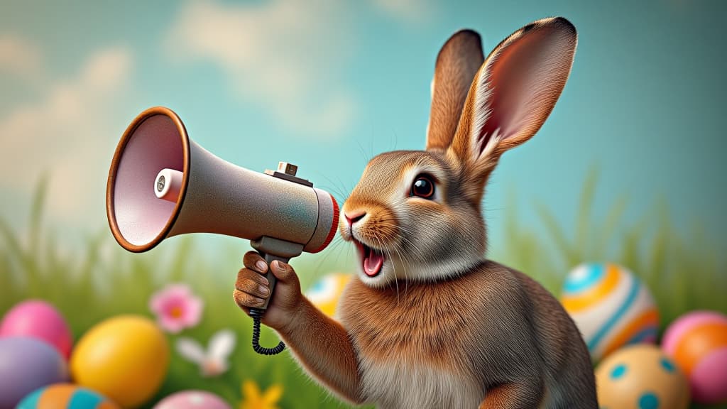  art collage. a crazy easter bunny with a megaphone. promotion, action, holiday, ad, job questions. vacancy. business discount concept, communication, information, news, team media relation, high quality, high details, hd, perfect composition, 4k epic detailed, highly detailed, sharp focus, high resolution