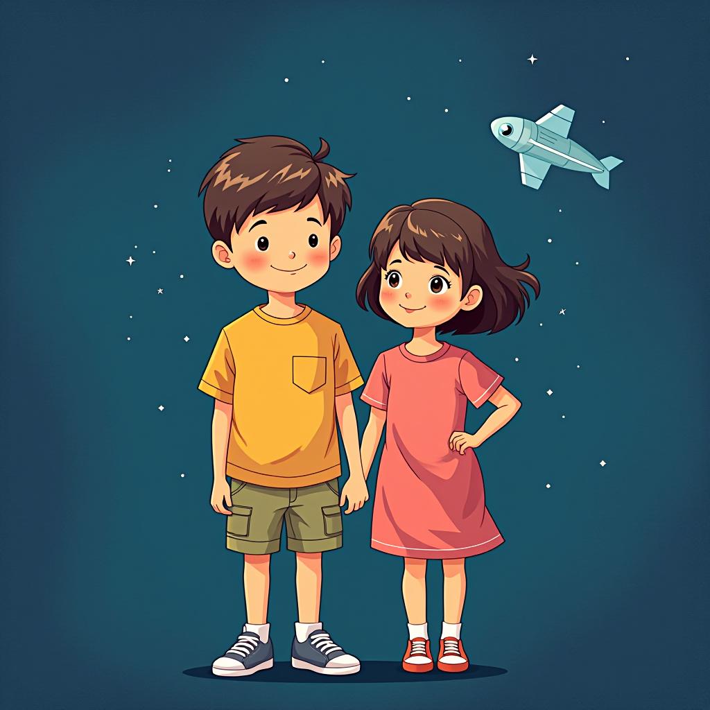  a boy and a girl against a blue background of space.