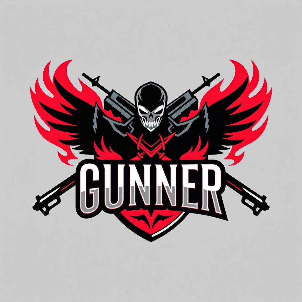  design a logo, logo esports, thème armes à feu, avec le texte ‘gunner’, couleur noir et rouge