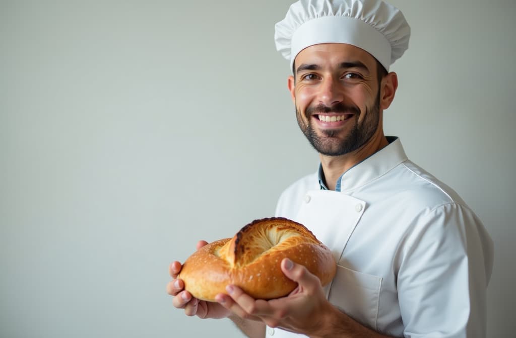  portrait of a baker in white uniform and hat holding a bread in his hands, looking to camera, copy space, smiling, light background, ar 3:2, (natural skin texture), highly detailed face, depth of field, hyperrealism, soft light, muted colors