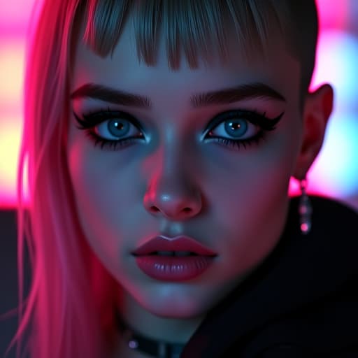  ultra realistic close up portrait ((beautiful pale cyberpunk female with heavy black eyeliner)), blue eyes, shaved side haircut, hyper detail, cinematic lighting, magic neon, dark red city, canon eos r3, nikon, f/1.4, iso 200, 1/160s, 8k, raw, unedited, symmetrical balance, in frame, 8k hyperrealistic, full body, detailed clothing, highly detailed, cinematic lighting, stunningly beautiful, intricate, sharp focus, f/1. 8, 85mm, (centered image composition), (professionally color graded), ((bright soft diffused light)), volumetric fog, trending on instagram, trending on tumblr, HDR 4K, 8K