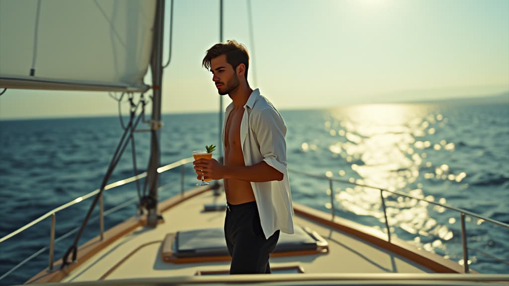  cinematic film still a full length young man in shorts and a white loose shirt stands on a yacht with a cocktail in his hands on a sunny summer day . shallow depth of field, vignette, highly detailed, high budget, bokeh, cinemascope, moody, epic, gorgeous, film grain, grainy