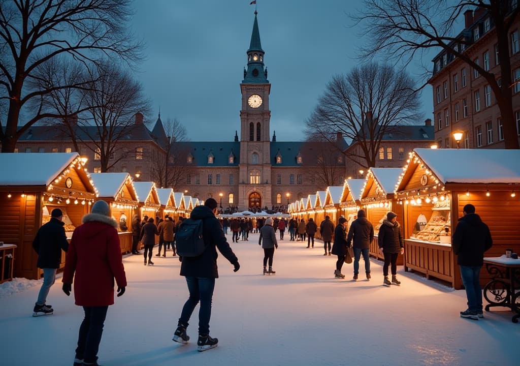  a festive winter scene in toronto showcasing people ice skating at nathan phillips square, surrounded by twinkling lights and the iconic city hall, along with a lively atmosphere at the toronto christmas market in the distillery district, featuring wooden stalls, holiday decorations, and visitors enjoying warm beverages and seasonal treats. hyperrealistic, full body, detailed clothing, highly detailed, cinematic lighting, stunningly beautiful, intricate, sharp focus, f/1. 8, 85mm, (centered image composition), (professionally color graded), ((bright soft diffused light)), volumetric fog, trending on instagram, trending on tumblr, HDR 4K, 8K