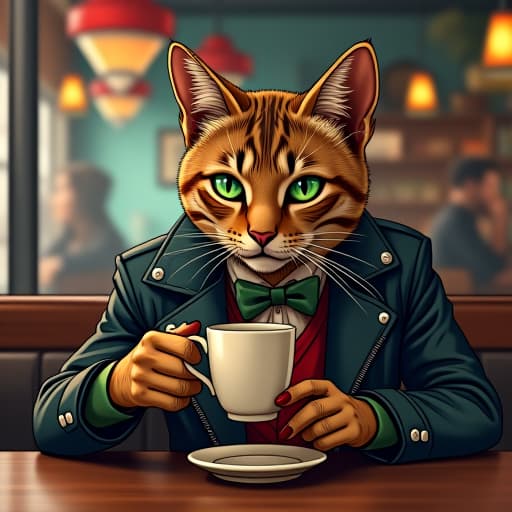  in a bustling cafe, hemule, the anthropomorphic tabby cat with rebellious charisma, sips tea. his striking green eyes survey the scene with edgy elegance. the setting is vibrant and detailed, resembling a comic book brought to life, capturing hemule's immaculate style and tough persona. hyperrealistic, full body, detailed clothing, highly detailed, cinematic lighting, stunningly beautiful, intricate, sharp focus, f/1. 8, 85mm, (centered image composition), (professionally color graded), ((bright soft diffused light)), volumetric fog, trending on instagram, trending on tumblr, HDR 4K, 8K