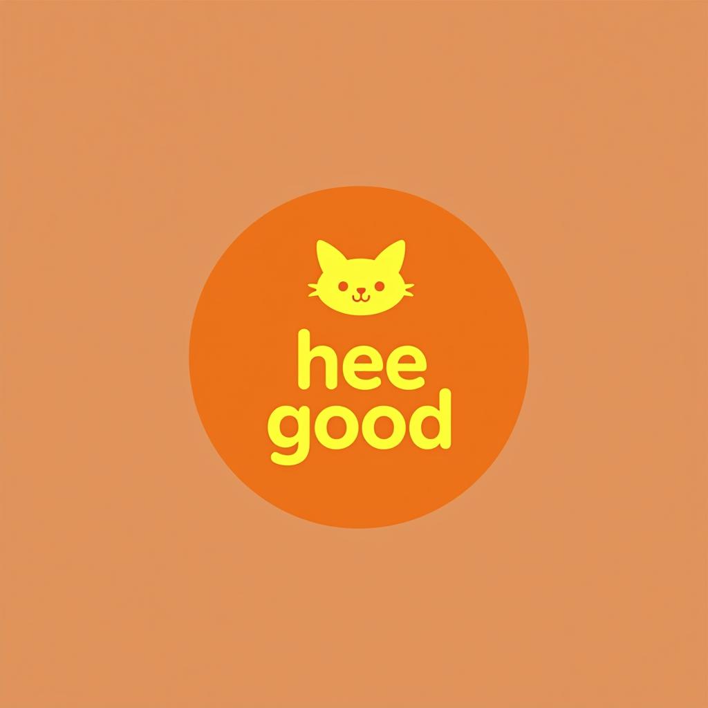  design a logo, bright pastel orange ring with yellow cat outline in middle , with the text 'hee good'.