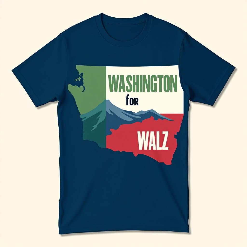  a tshirt design inspired by the washington state flag. the left side features a green vertical stripe with a large mountain in the center. the right side is divided into two horizontal sections: the top section is white with the text 'washington for' in bold, green, uppercase letters, and the bottom section is red with the text 'harris walz' in bold, white, uppercase letters. the overall layout is clean and straightforward, with a clear and patriotic color scheme of blue, white, and red.