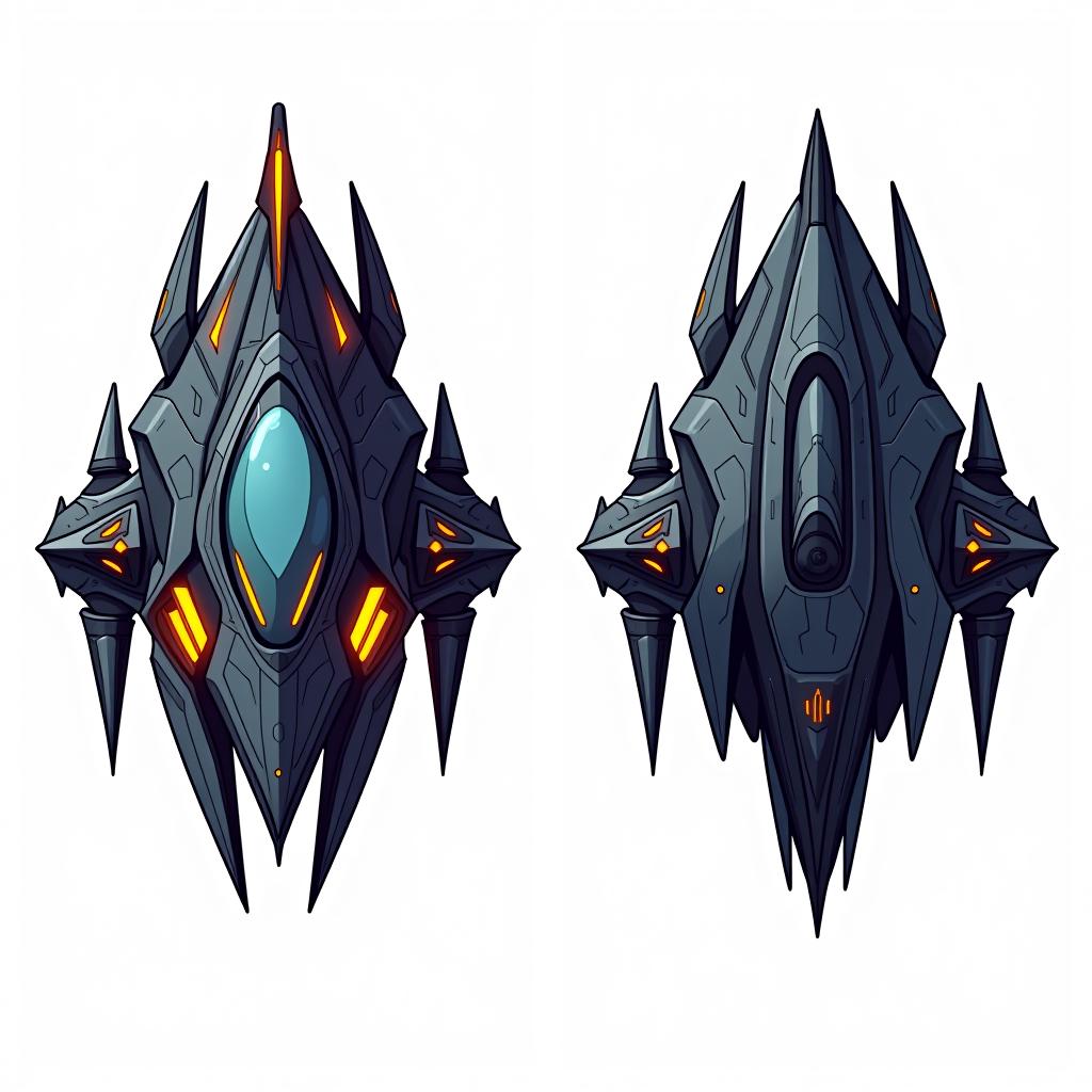  white background. left side: a simple vector graphic showing a hyper realistic spaceship's front view, designed with elements inspired by a mysterious alien planet. the spaceship features bioluminescent accents, glowing edges, and fragmented sections that float around the main body, mirroring the planet's style. right side: back view of the same spaceship, maintaining high detail and consistency, with the same glowing areas, floating fragments, and unique, otherworldly design. both views should depict the same object, with the split elements enhancing the spaceship's dynamic and fantastical appearance. cartoon and disney style.