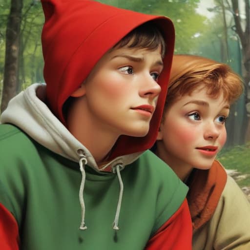 Red riding hood, Robin Hood and twink in a hoodie, cartoon, full of colour, disney, sharp focus, illustration, 50's cartoons, norman rockwell