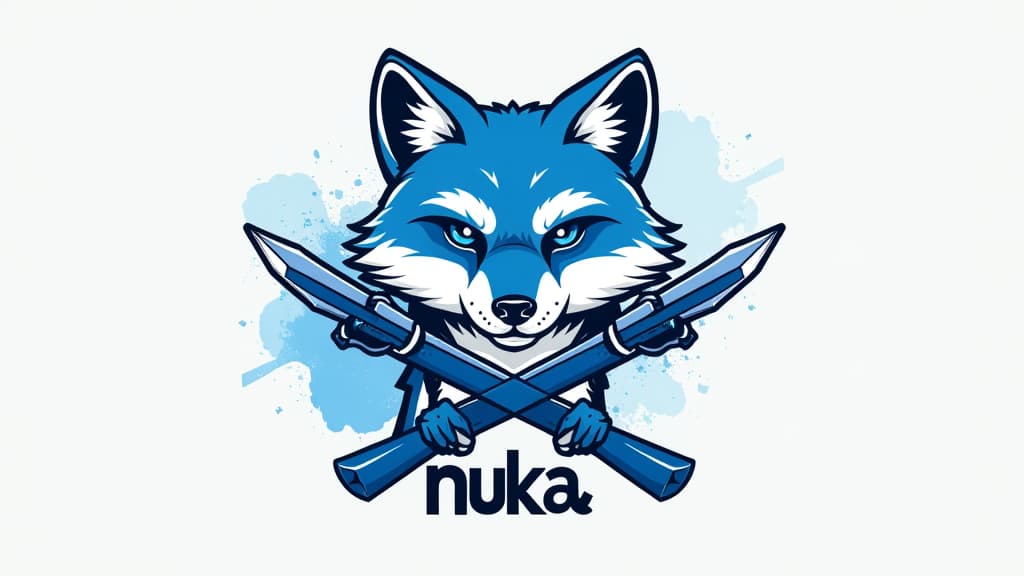  design a logo, un renard bleu et blanc avec des armes , with the text 'nuka'.