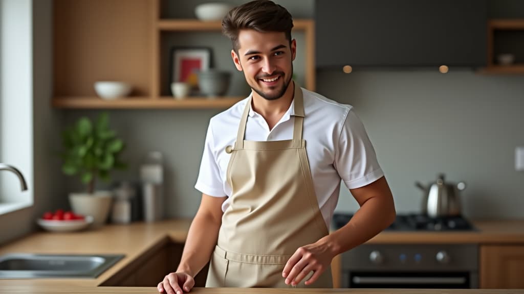  man wearing beige linen apron mock up in the modern kitchen, chef uniform for cooking