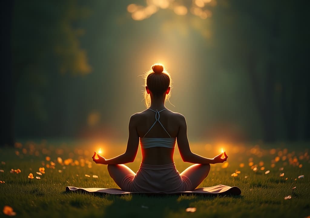  a woman practicing yoga meditation in nature, reaching mindfulness, spiritual awareness and nirvana, surrounded by mystical lights effects