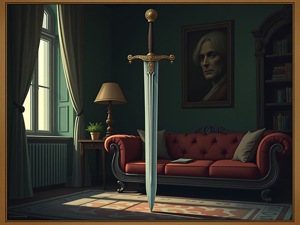  antique sword, prominently displayed in a dimly lit living room, detailed worn blade, handle with intricate designs, atmosphere of aged metal, relic of forgotten battles, historical presence, sense of ancient conflict. an illustration in the style of a worn, mystical old tarot trump card, mysterious and elements of surrealism. the colors are muted, somber and eerie, but with contrast bring out an occult and esoteric vibe.