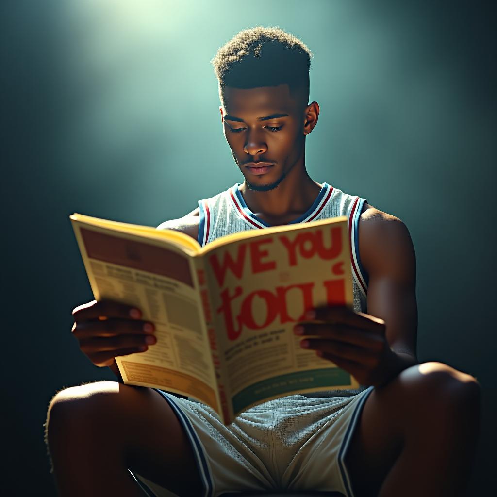  a basketball player reading a magazine, where the magazine has 'we miss you toby' hyperrealistic, full body, detailed clothing, highly detailed, cinematic lighting, stunningly beautiful, intricate, sharp focus, f/1. 8, 85mm, (centered image composition), (professionally color graded), ((bright soft diffused light)), volumetric fog, trending on instagram, trending on tumblr, HDR 4K, 8K