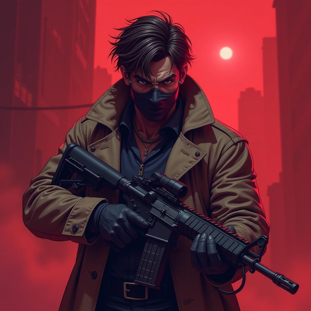  street fighter style gloomy young guy with m4 rifle, trenchcoat, mask on the face, red tones, fog, super detailed, best quality, cartoon style, retro comics style . vibrant, dynamic, arcade, 2d fighting game, highly detailed, reminiscent of street fighter series