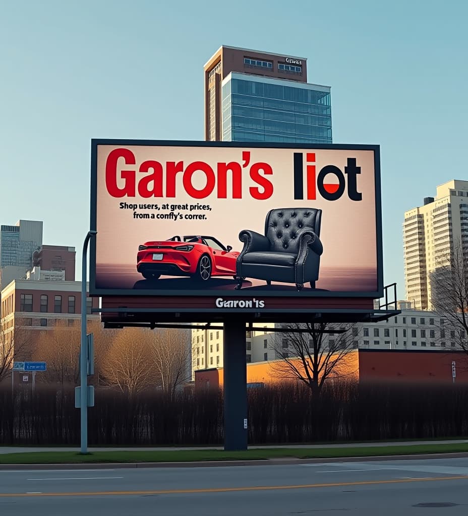  photo of a billboard in chicago, for a car dealer with a car and a chair on it and a that says "garon's lot" in big letters, and "shop used cars, at great prices, from a comfy chair in the corner"