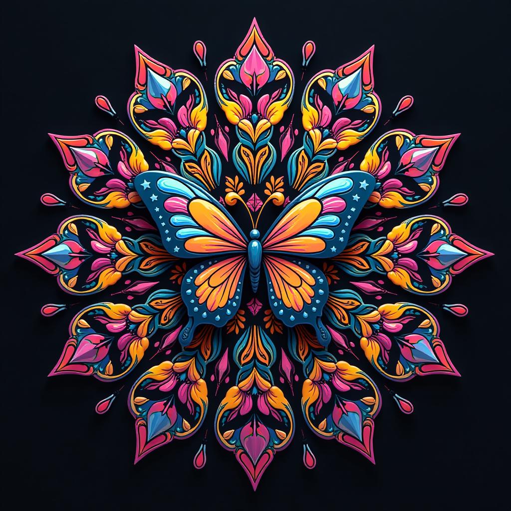  an intricate designed mandala with butterflies. in bright colors with black. in 3d, disney cartoon style