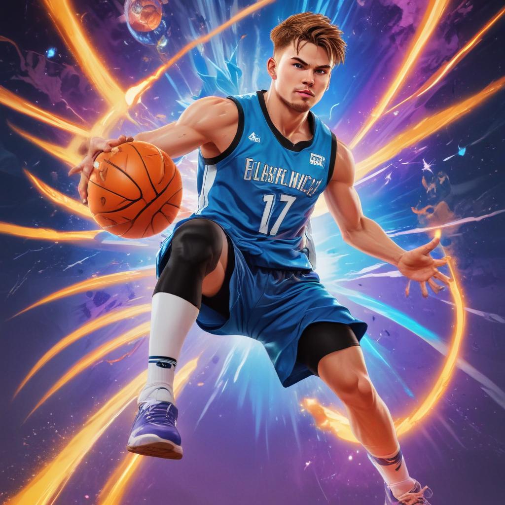 distance-shot, flashy, full-body, dynamic, holographic, animated cartoon poster of luka doncic in the style of dragon ball super