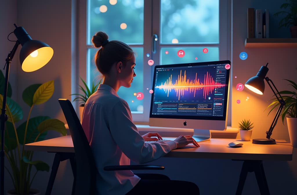  "create an imaginative digital scene depicting a person sitting at a modern computer in a cozy, well lit room. the screen showcases colorful sound waves and vibrant visualizations symbolizing voice generation technology. surround the desk with floating icons representing different languages, musical notes, and digital sound waves, creating an atmosphere of creativity and innovation. include subtle elements like a microphone and headphones, blending nature with technology by having lush green plants in the background." hyperrealistic, full body, detailed clothing, highly detailed, cinematic lighting, stunningly beautiful, intricate, sharp focus, f/1. 8, 85mm, (centered image composition), (professionally color graded), ((bright soft diffused light)), volumetric fog, trending on instagram, trending on tumblr, HDR 4K, 8K