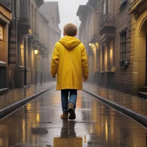 Boy walking in the rain on an old street with a yellow coat. drawn like disney movies