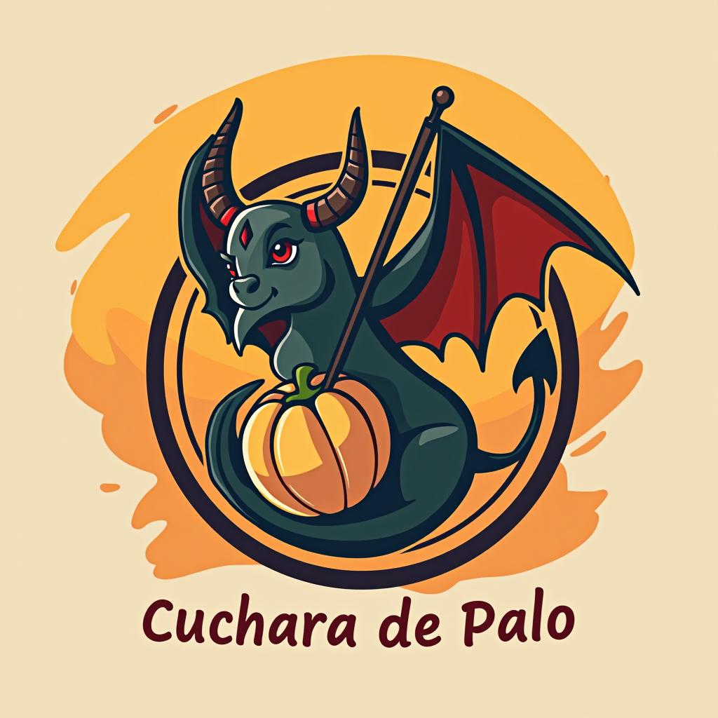  design a logo, un diablo de lata moviendo con una cuchara de palo la olla , with the text 'cuchara de palo '.