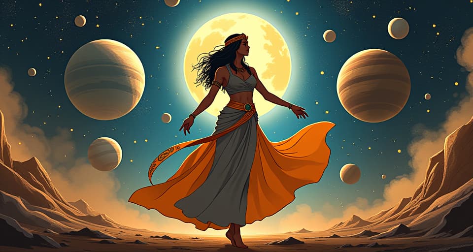  a celestial dance of stars and planets, with a large busted priestess in a flowing, tight gown, moving in harmony, symbolizing navigating through chaos. the style is digital art illustration / modern comic book / mysterious occult, symbolic, esoteric vibe,high detail on character design, incorporating ancient egyptian symbology and attire.