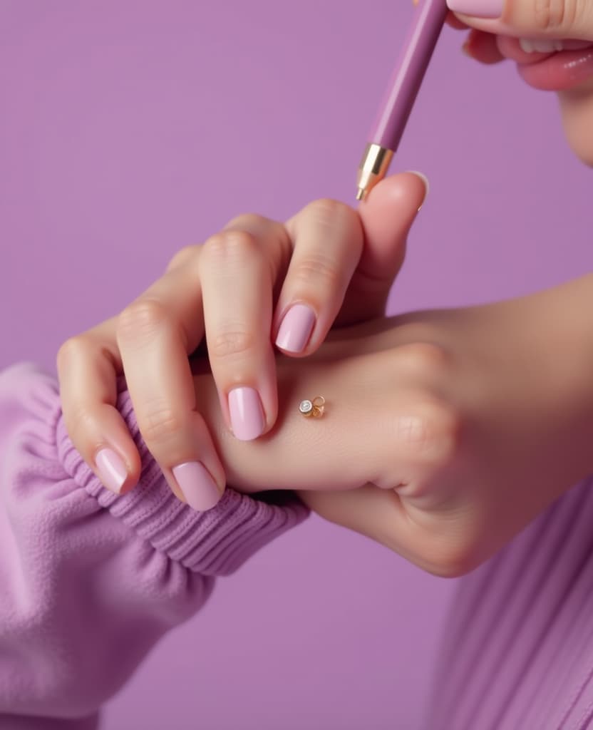  hdr photo of a woman applies a small amount of perfume on her wrist, hands, small pencil, applique, close up, on a lilac background . high dynamic range, vivid, rich details, clear shadows and highlights, realistic, intense, enhanced contrast, highly detailed