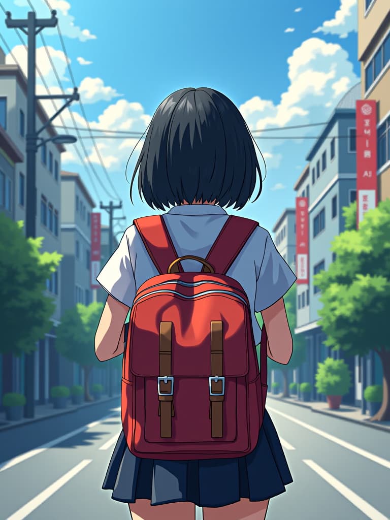  riding a school bag, back, bob, black hair, japanese cityscape, elementary school student, masterpiece, best quality,8k,ultra detailed,high resolution,an extremely delicate and beautiful,hyper detail