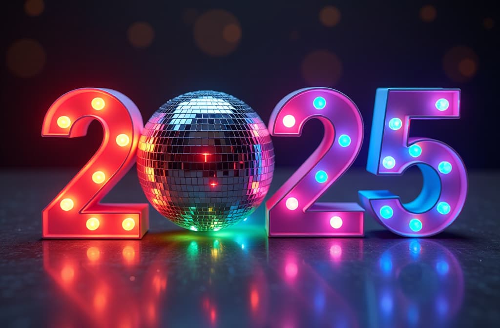  top view, vibrant colourful letters "2025", instead of letter "0" is disco ball with colorful lights reflecting off its surface, backlight behind the disco ball, raibow coloured glowing around the letters, , (natural skin texture), highly detailed face, depth of field, hyperrealism, soft light, muted colors