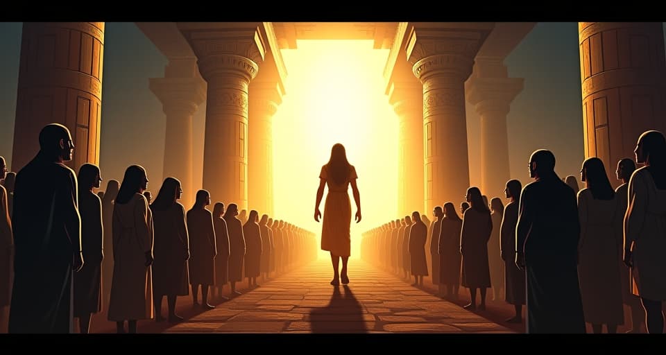  a crowd gazing towards a shining central figure, tinged with awe and admiration, presence of undeniable purity, light prevailing. the style is digital art illustration / modern comic book / mysterious occult, symbolic, esoteric vibe,high detail on character design, incorporating ancient egyptian symbology and attire.