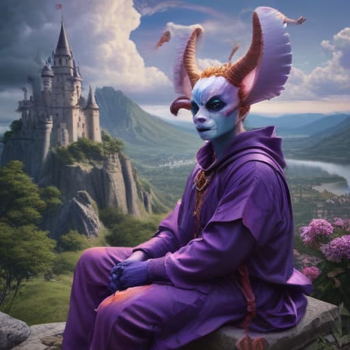 Imagine a digital artwork of a masked purple jester, his skin resembling purple stone, sitting atop a grand throne on a castle. He holds a sickle in both hands, his eyes gleaming with mischief. The background is a mystical landscape, with swirling clouds and ancient ruins. The colors are rich and vivid, capturing the essence of power and mystery. The style is reminiscent of Akina Fujiwara's detailed and fantastical illustrations. The overall mood is eerie and enchanting, drawing the viewer into a world of magic and intrigue. fantastical creatures or characters inspired by mythology, folklore, or popular culture. use vibrant colors, sharp lines, intricate details, dynamic poses, dramatic lighting, atmospheric backgrounds, and blend anime, ma