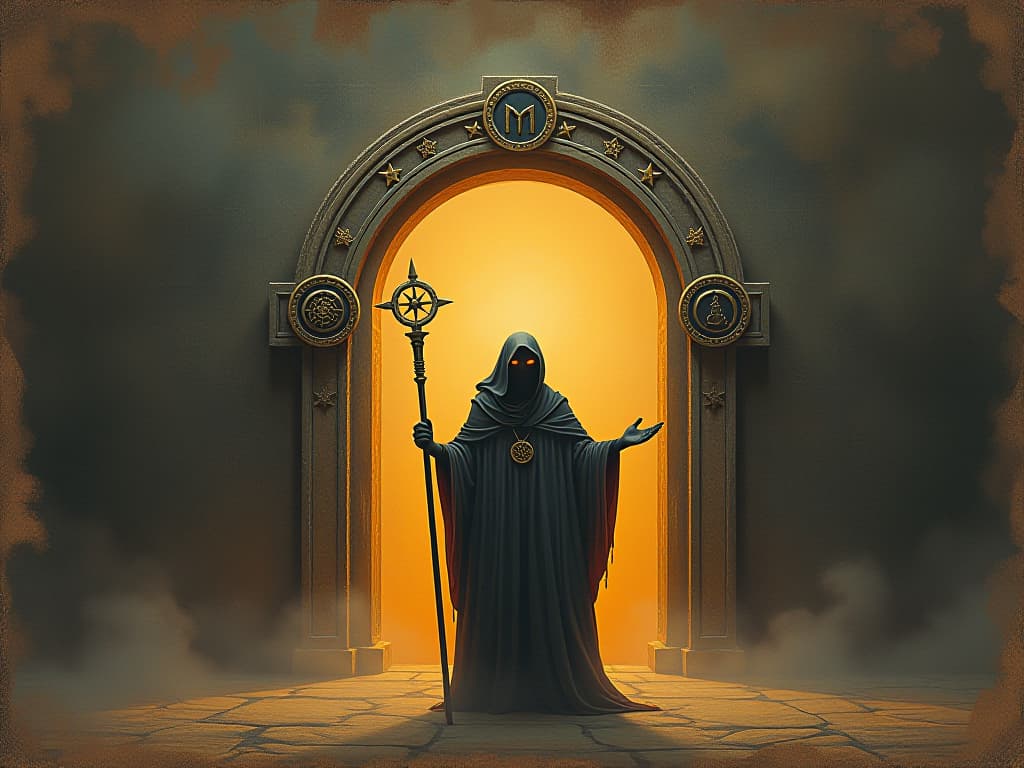  a wise seer, with a staff, standing before an ancient, glowing portal, symbols floating around, eyes gleaming with wisdom, arcane, insightful, powerful. in a mysterious and provocative surrealism style on a weathered old sheet of parchment.