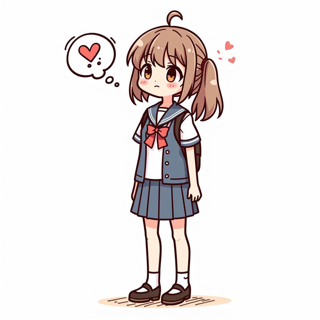  a cute cartoon style drawing depicting a girl standing in a school uniform, shoes on her feet, a girl thinking