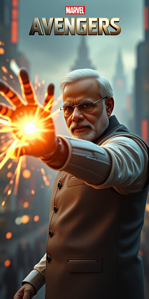  good quality, high quality, a hyper realistic movie poster titled "indian avengers" featuring narendra modi as a cyborg robot. he launches a powerful hand attack on ultron, his mechanical arm glowing with intense energy. modi’s face, part human and part robotic, is determined as the force of the strike sends shockwaves through the scene. the background shows a futuristic cityscape with indian architecture, with the title "indian avengers" prominently displayed above.