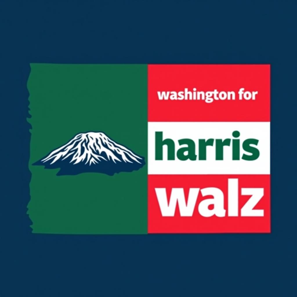  a design inspired by the washington state flag. the left side features a green vertical stripe with mt. rainer in the center. the right side is divided into two horizontal sections: the top section is white with the text 'washington for' in bold, green, uppercase letters, and the bottom section is red with the text 'harris walz' in bold, white, uppercase letters. the overall layout is clean and straightforward, with a clear and patriotic color scheme of blue, white, and red.